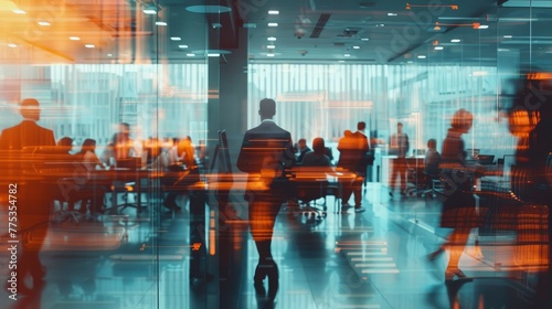 Dynamic motion: long exposure capture of corporate professionals engaged in productive office atmosphere