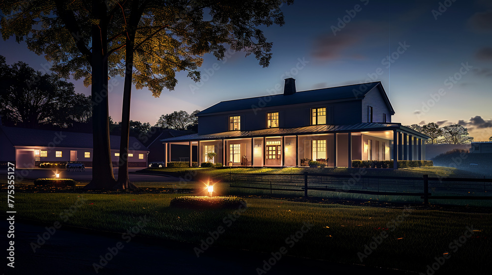 Night architecture outdoors dusk building exterior tree grass, AI Generative. Night architecture outdoors dusk building exterior tree grass, AI Generative.