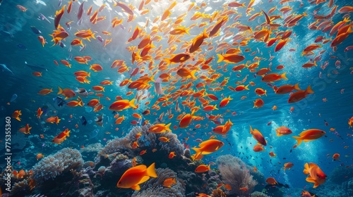 Colorful fish swarm in underwater vortex   vibrant marine life in vivid coral reef scenery © RECARTFRAME CH