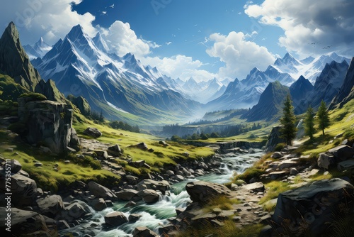 breathtaking mountain landscape unfolds, with majestic peaks reaching towards the sky. The rugged terrain, adorned with lush greenery and perhaps a dusting of snow 