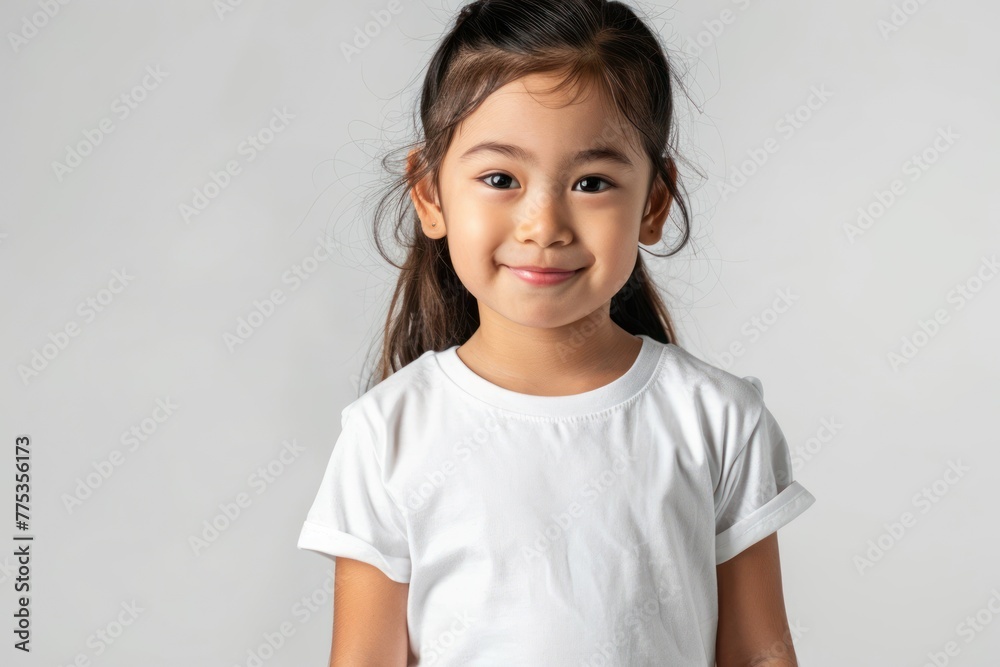 Positive little asian girl in studio wearing simple white t-shirt with no branding Positive little asian girl in studio wearing simple white t-shirt with no branding