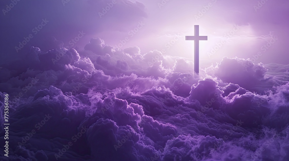 In a surreal dream realm, a floating cross finds solace amidst a purple subconscious expanse, nurturing faith.