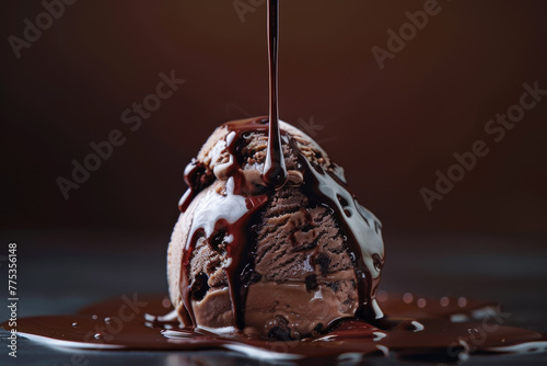 A chocolate ice cream cone with chocolate drizzled on top