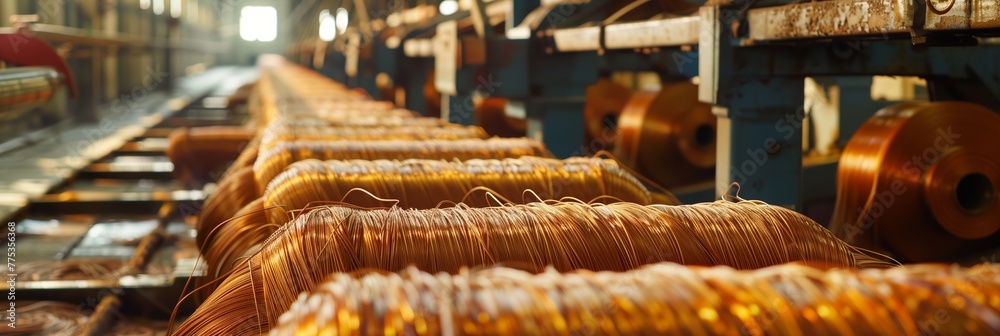 A vast industrial scene showing the expanse of a production line with large copper wire coils