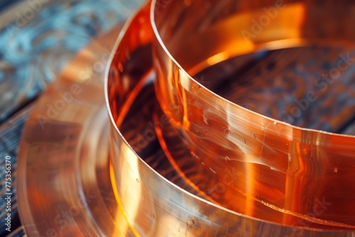 A close-up shot of a spiraled copper piece lying on a textured wooden surface photo