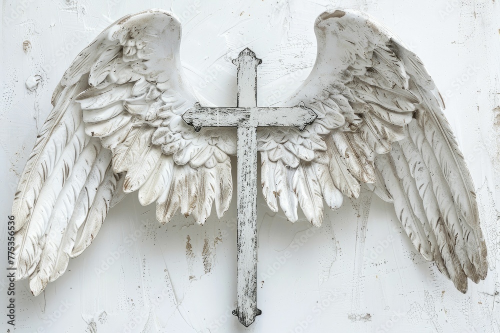 Unveiling its divine shield, angelic wings stretch across a celestial white canvas, a hidden cross bestowing protection.