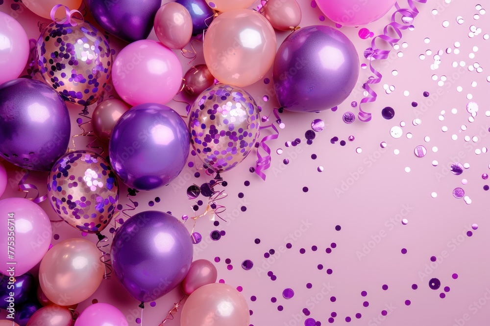 Purple and pink metallic balloons, confetti and ribbons. Festive card for birthday party