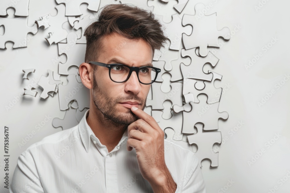 Puzzle headed thoughtful businessman portrait. Solution, decision and brainstorm concept Puzzle headed thoughtful businessman portrait. Solution, decision and brainstorm concept