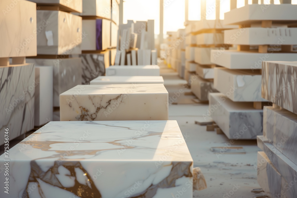 Sun-kissed noble marble blocks lined up in a factory yard, awaiting to be transformed into timeless pieces Sun-kissed noble marble blocks lined up in a factory yard, awaiting to be transformed into timeless pieces