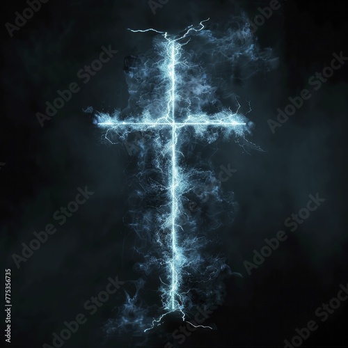 Cross shaped lightning bolt, power black background for electrifying belief.