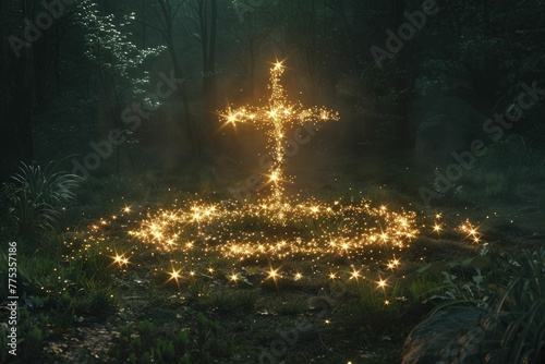 Cross in a circle of fireflies at night  enchantment black background for lighted belief.