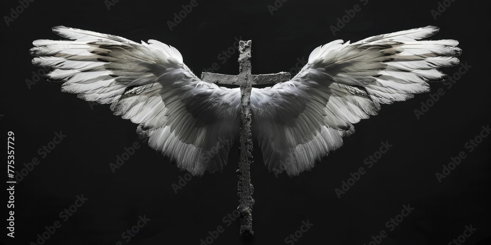 In the darkness, angelic wings form a protective cross over a pure black backdrop, symbolizing angelic safeguarding. - obrazy, fototapety, plakaty 