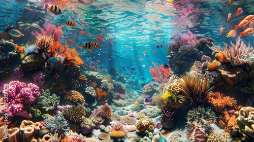 Vibrant underwater coral reef, diverse marine life in ultrarealistic style with fisheye lens