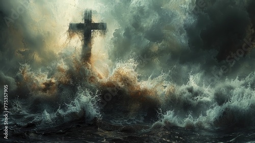 Whirlwind swirling around a steadfast cross, chaos beige background for the anchor of faith. photo