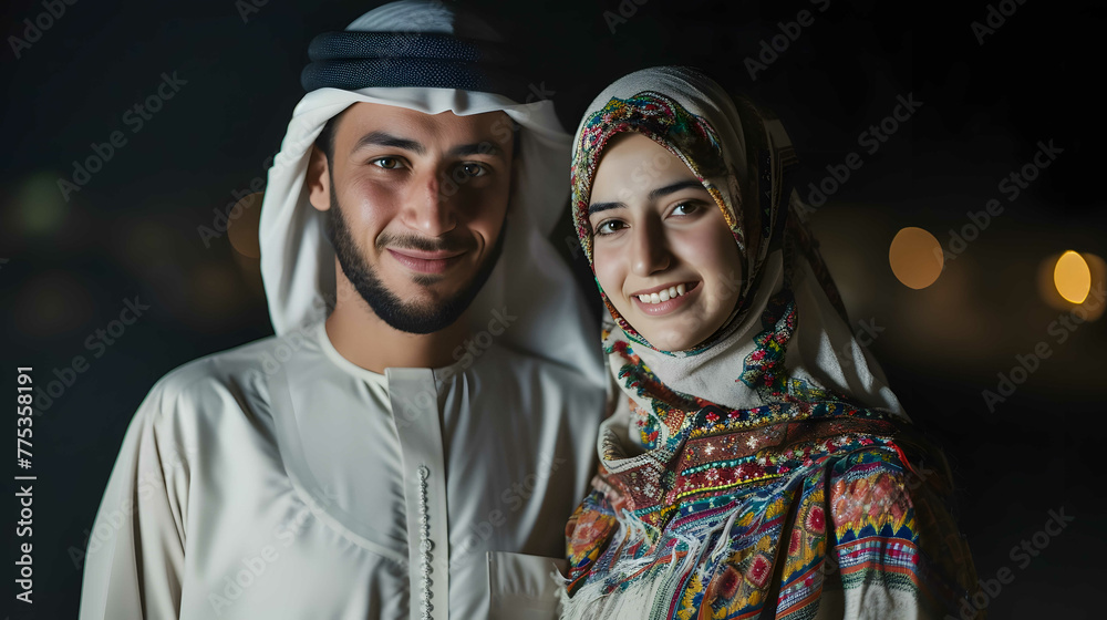 portrait of a happy elderly Muslim couple, demonstrating the warmth and love carried through the long years of marriage, the concept of a long and happy family life, family values and traditions,