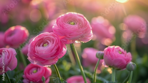 Pink Flowers Scatter Across Grass © yganko