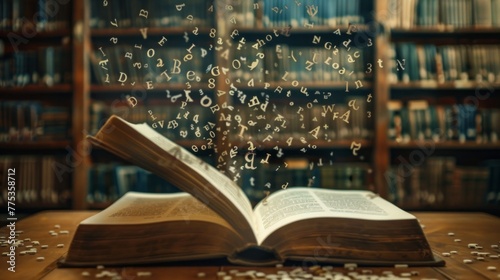 Enchanting education: open book on table with floating english alphabet in library setting, blurred bookshelf background - back to school concept