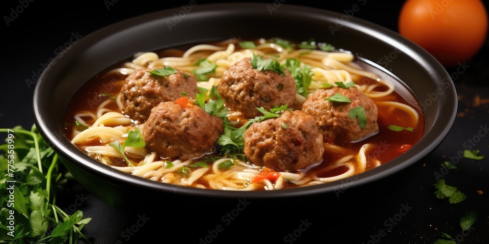 Yummy Italian Meatball Soup with Gluten-Free Pasta in a Bowl on a Dark Table. Healthy Soup for Babies. Delicious Food! 