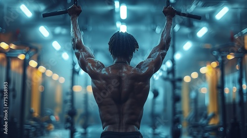 A man performing pull ups in a gym, surrounded by electric blue lights