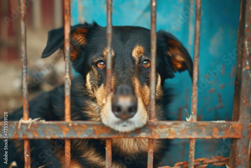 Sad dog in the bars of the cage. Dog shelter, homeless animals, charity work and volunteering, help for dog shelters
