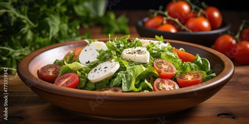 Garden Fresh: Vegetarian Salad with Cherry Tomato, Mozzarella, and Lettuce, A Visual Symphony of Fresh Flavors, Capturing Garden Bliss in Every Bite 