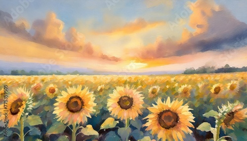 painting style illustration sunflower field with sunset sky scenery calm and peaceful generative ai