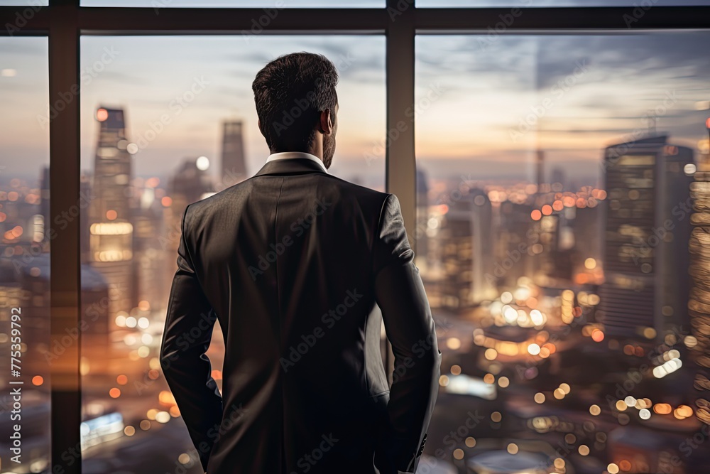 Businessman standing in front of a window, looking out at the city. The focus is on the businessman, and the city is slightly blurred Businessman standing in front of a window, looking out at the city. The focus is on the businessman, and the city is slightly blurred