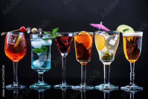 Set of various alcoholic cocktails in glasses isolated on black background for bar menu