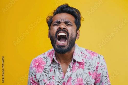 Shouting misunderstood stressed sad Indian man on yellow studio background © Anna