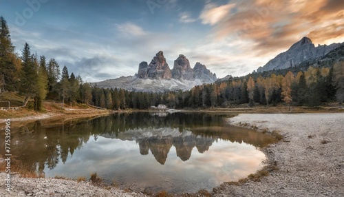 antorno lake with famous dolomites mountain peak of tre cime di lavaredo in background in eastern dolomites italy europe stunning nature scenery and scenic travel destination photo
