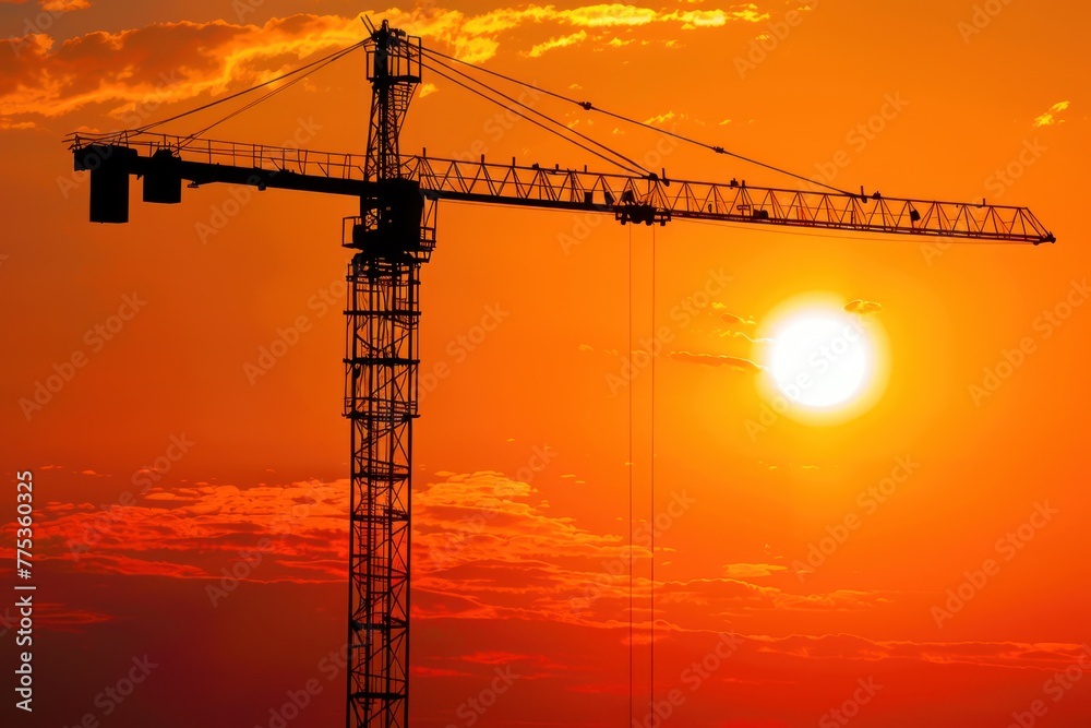 Silhouette of modern office building construction tower crane on high ground heavy industry against sunset Silhouette of modern office building construction tower crane on high ground heavy industry against sunset