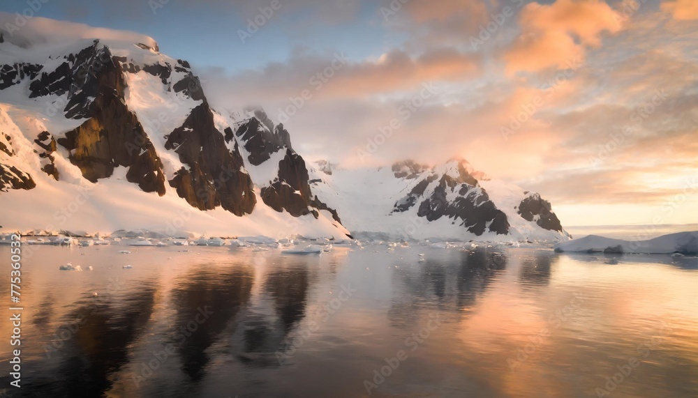 reflections of cliffs and mountains in the lemaire channel at sunset antarctica