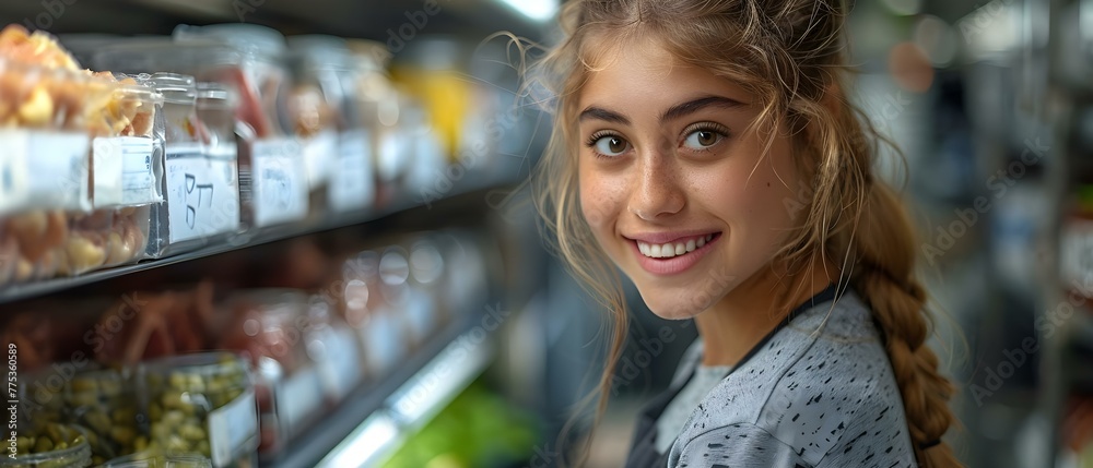 Woman with warm smile efficiently organizing and labeling meat products in cold storage. Concept Food Safety, Organizing Inventory, Labeling Products, Cold Storage Management, Efficiency in work