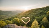 heart symbol created on the top of a mountain with many trees in a very green forest
