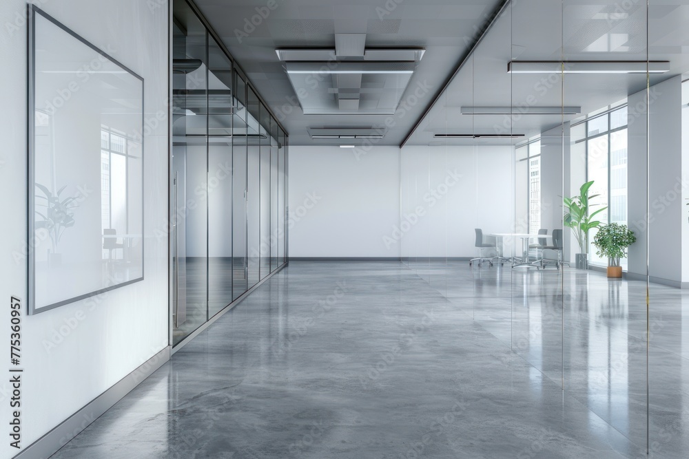 Modern office hallway with glass wall boardroom and white board mockup