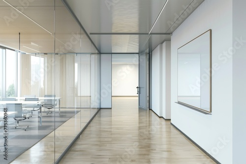 Modern office hallway with glass wall boardroom and white board mockup