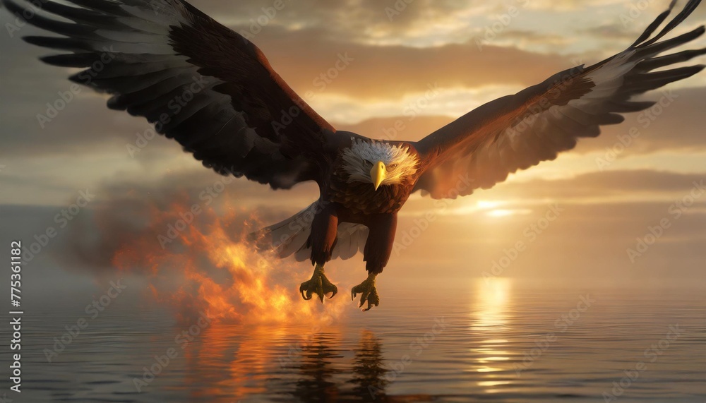 3d rendering of an eagle flying over the water with fire and smoke - obrazy, fototapety, plakaty 