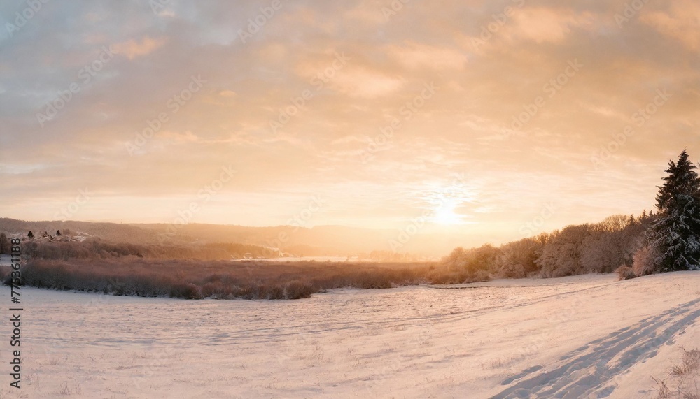 panorama of winter nature landscape at sunrise christmas background