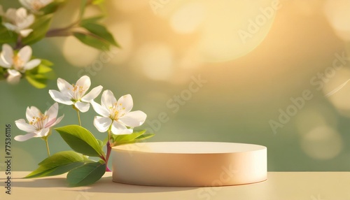 abstract bright color springtime minimal round podium for product display with flowers and green leaves on natural background vector illustration concept of natural cosmetics
