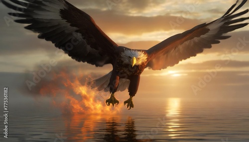 3d rendering of an eagle flying over the water with fire and smoke photo