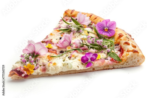 Slice of pizza with spring flowers, floral pizza isolated on flat white background