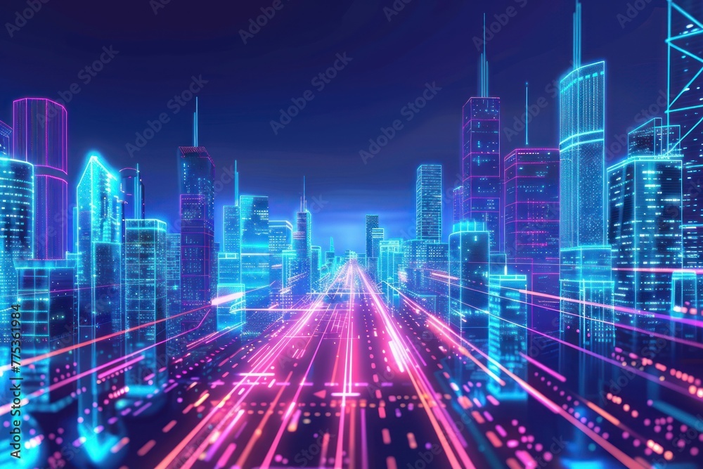 Smart city concept digital drawing with glowing lines