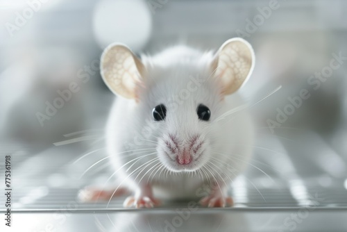 Small white laboratory mouse with dark eyes in metal lab office. Awareness and healthcare, forbidden tests on animals