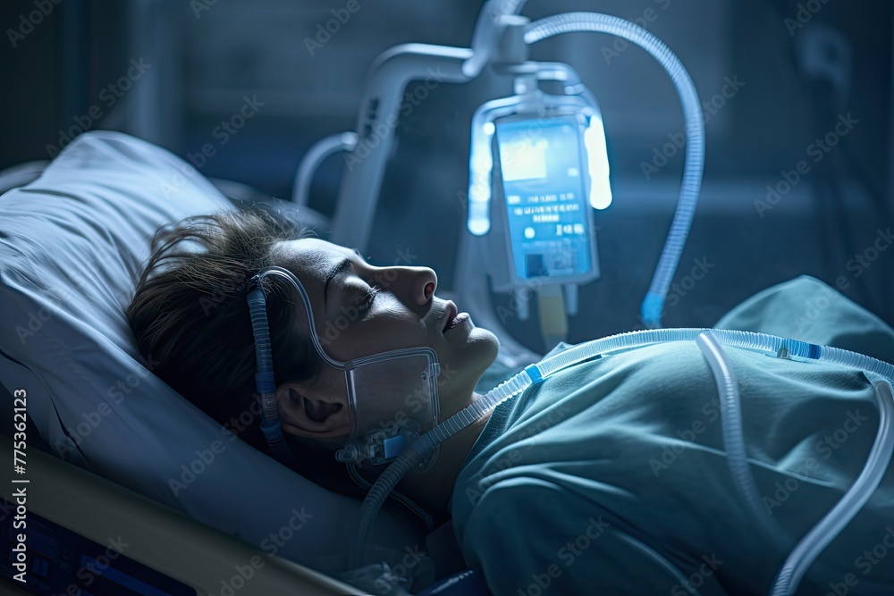 Patient lying in a hospital bed, wearing an oxygen mask, surrounded by