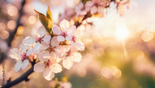 spring border or background art template with spring pink blossom beautiful nature scene with blooming tree and sun flare idyllic springtime nature closeup romantic flowers soft texture