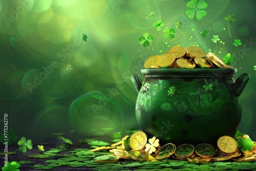 st patricks day with treasure of leprechaun, pot full of golden coins and shamrocks