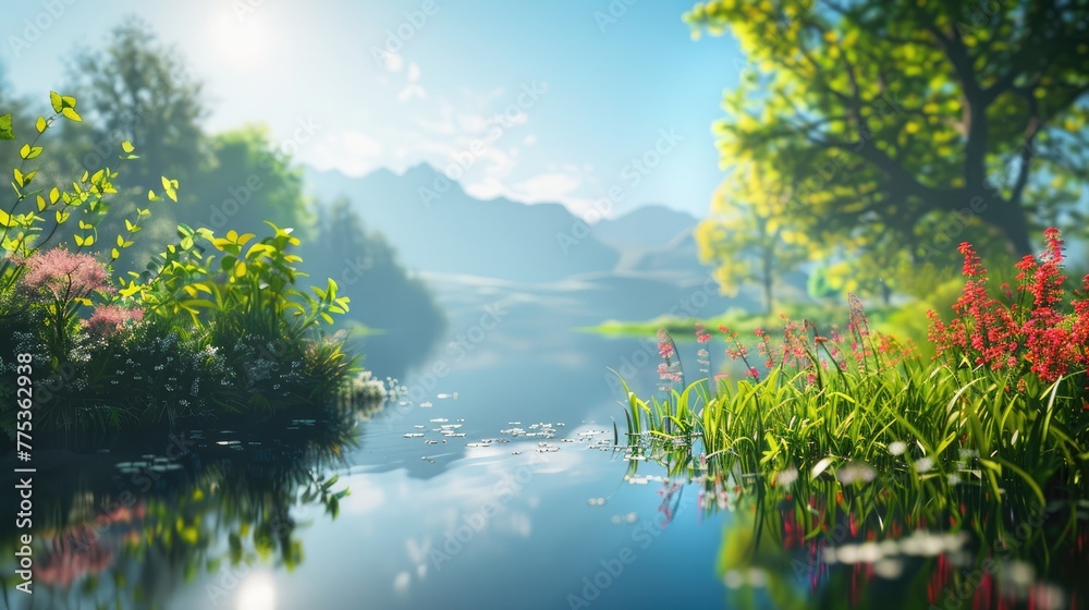 Scenic lake reflects the beauty of vibrant flora, celebrating a clean ecosystem on Environment Day Scenic lake reflects the beauty of vibrant flora, celebrating a clean ecosystem on Environment Day