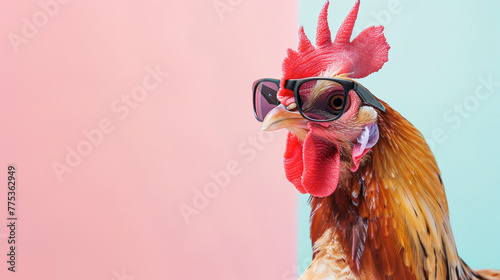 creative animal concept. Chicken in a sunglass shade isolated on a pastel solid background. photo