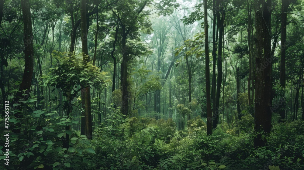Vibrant green forest panorama with towering trees for World Environment Day