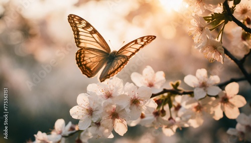 butterfly flying through cherry blossom flowers wallpaper nature sun